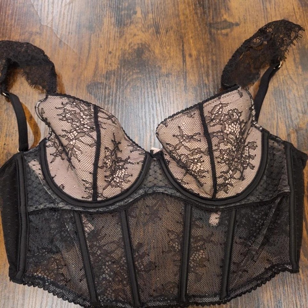 Victoria's Secret Black Lace Corset Bustier Sequin Underwire Top Size M